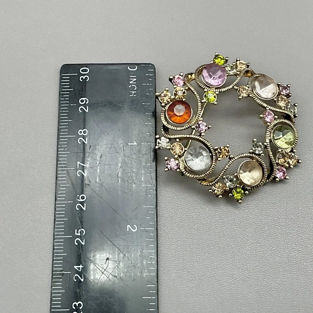Vintage Monet Brooch Round Wreath Multicolor Rhinestone Gold Tone Pin Costume